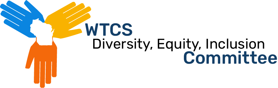 WTCS Diversity, Equity, Inclusion Committee logo. Blue, yellow, and orange hands with white outline of Wisconsin in the middle.