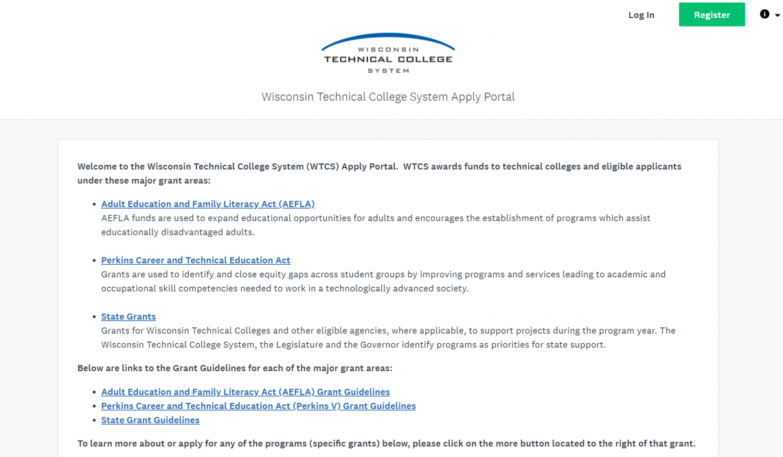 Login page of the WTCS Apply Portal