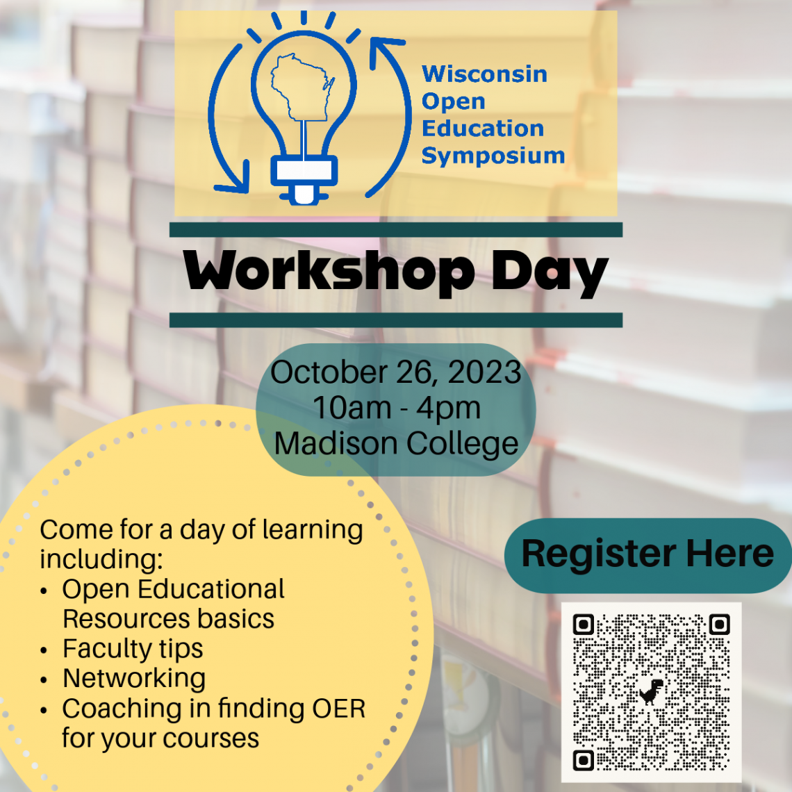 Come for a day of learning, including OER basics, faculty tips, networking and coaching to find OER for your courses.